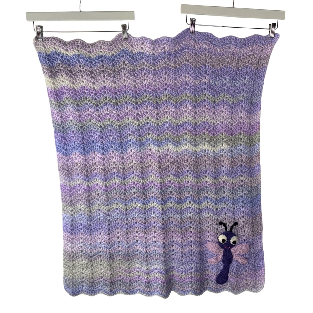 Handmade Crochet Baby Blanket‎ Purple Ripple Chevron Dragonfly Applique 30x34